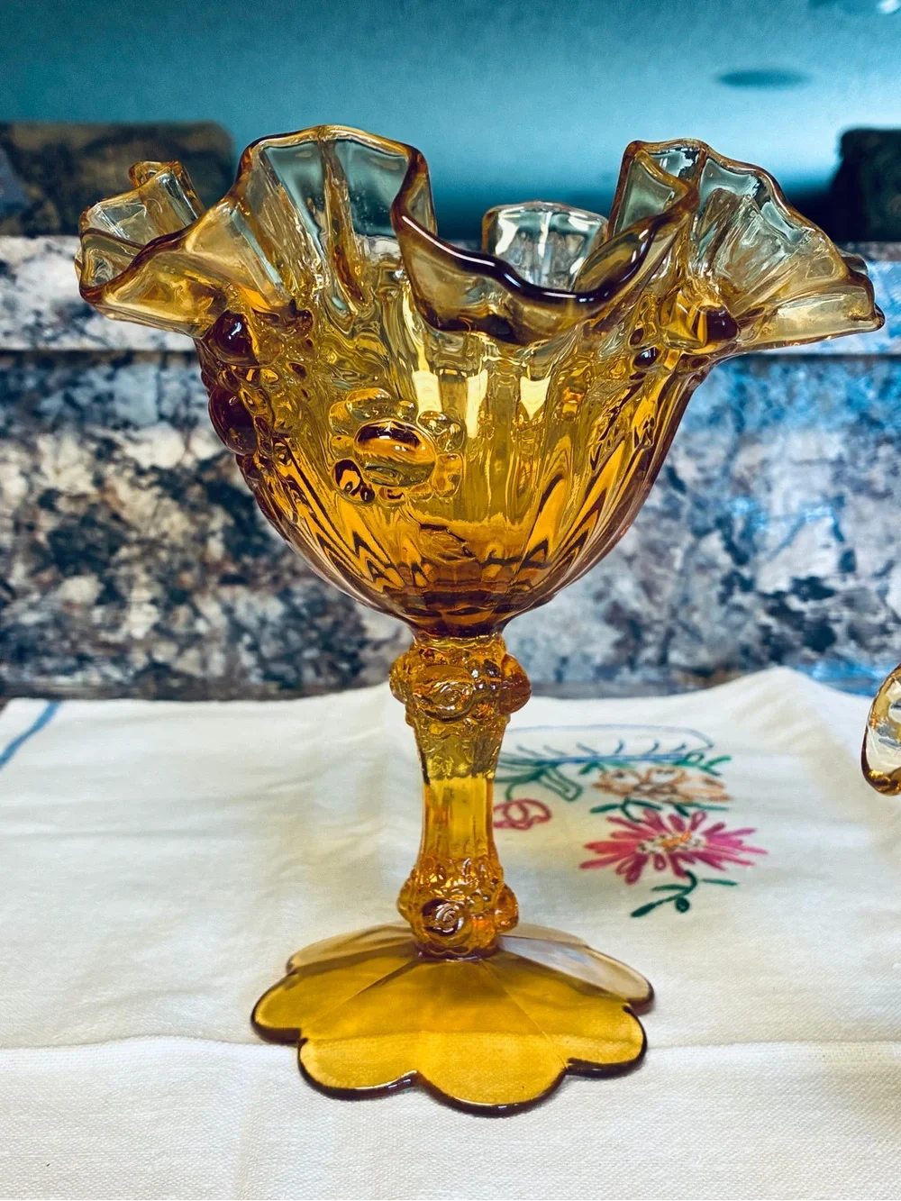 Amber Ruffled Hobnail Compote and Vase - Set